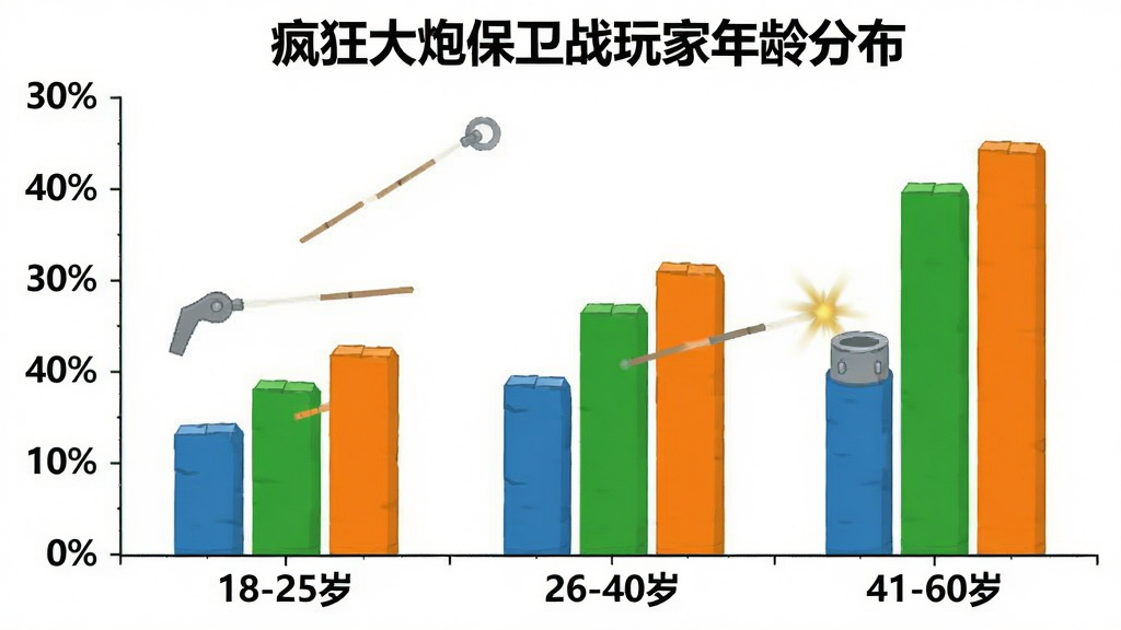 疯狂大炮保卫战 玩家年龄分布柱状图,横轴标注年龄段18-25岁、26-40岁、41-60岁,纵轴标注百分比,柱状图颜色分别为蓝色、绿色、橙色,图表标题为“疯狂大炮保卫战玩家年龄分布”,背景白色,数据清晰,画质干净无多余元素