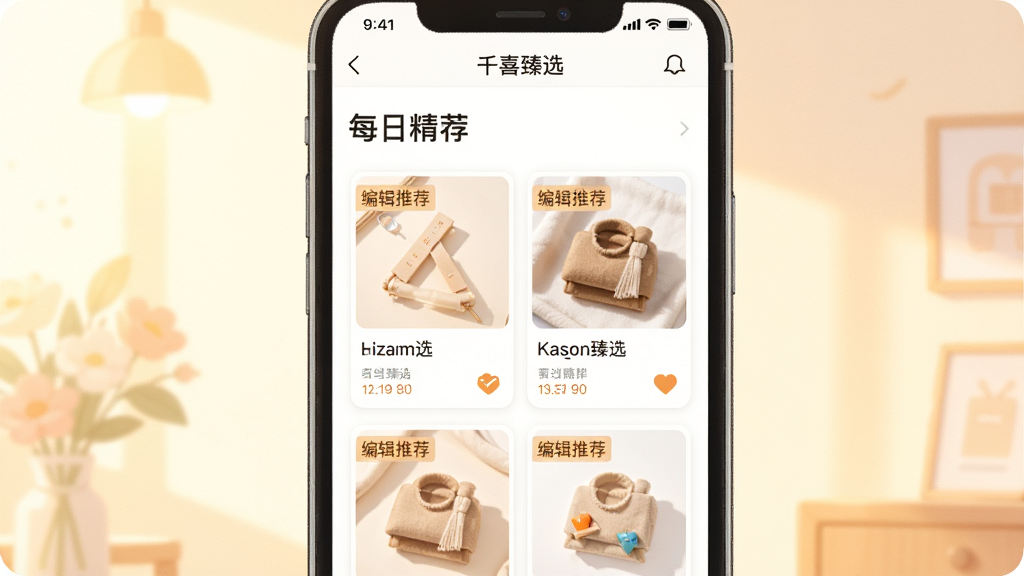 一张展示千喜臻选App商品推荐页面的手机截图风格插画,画面中手机屏幕显示“千喜臻选”的每日精选列表,每个商品卡片带有“编辑推荐”小标签和实拍小图,背景是柔和暖光,风格清新明快,画质干净,无多余元素