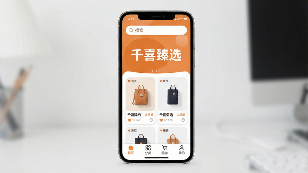 一张展示千喜臻选App主界面的手机样机图,手机屏幕中央清晰显示“千喜臻选”四个大字,界面以暖橙色和白色为主色调,顶部是搜索栏,中间是商品推荐瀑布流卡片,底部导航栏有首页、分类、购物车、我的四个图标,整体布局干净清爽,风格现代简约扁平化,细节圆润精致,画质高清干净,无多余元素