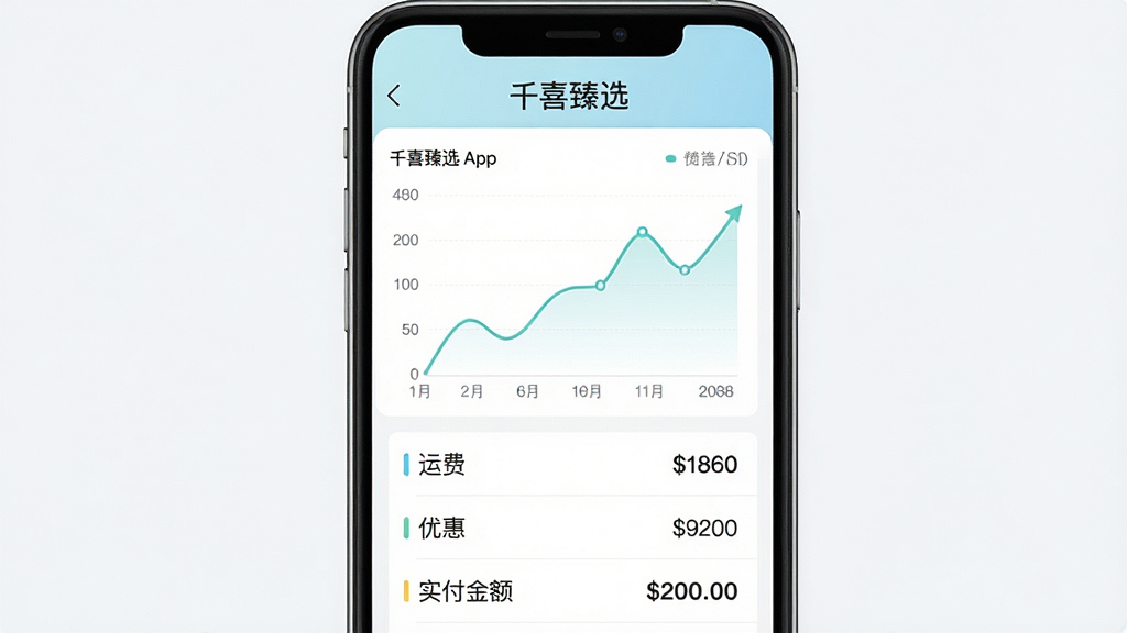 一张展示千喜臻选App价格走势图和费用明细的手机界面示意图,屏幕中央显示“千喜臻选”字样,图表用简洁的折线图展示价格变化,下方列表清晰列出运费、优惠、实付金额,风格扁平化设计,配色清爽,画质干净,无多余元素