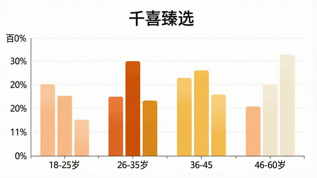 一张柱状图展示千喜臻选用户年龄分布,横轴标注18-25岁、26-35岁、36-45岁、46-60岁四个年龄段,纵轴标注百分比,柱体颜色分别为浅橙、深橙、暖黄、米白,图表上方有“千喜臻选”字样,背景干净简洁,风格扁平化,画质清晰,无多余元素