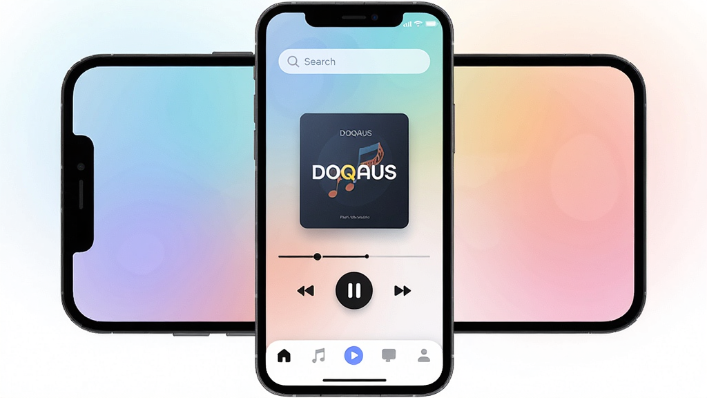 һ��չʾDOQAUS��Ƶ������������Ĳ廭��������һ���ֻ���Ļ����Ļ������ʾ��DOQAUS��Ӧ��ͼ��ͼ��Ĳ��������棬����Ϊ�������������в�ר������Ͳ��ſ��ư�ť���ײ����������Ű���У����Ϊ�ִ���ƽ���Ƽ��磬ϸ�ڰ�����͵Ľ��䱳����Բ��ͼ�ꡢ���������ֱ�ǩ�����ʸɾ��޶���Ԫ�أ��߷ֱ���