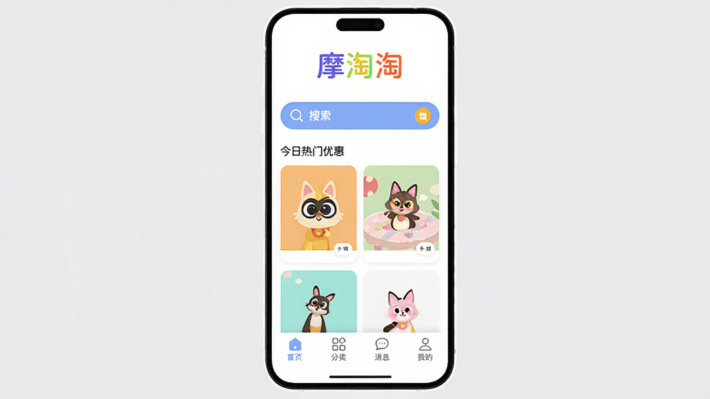 摩淘淘应用主界面全貌展示,一个清爽的白色背景手机屏幕,顶部有