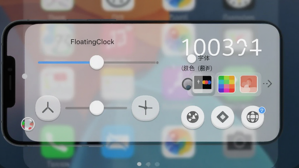悬浮时钟FloatingClock个性化设置界面图,画面中手机屏幕上显示着软件的设置面板,面板上有透明度滑块、大小调节按钮、字体颜色选项和形状选择图标,背景是模糊的手机桌面,布局整齐,风格现代扁平化,细节上按钮圆润有质感,画质干净无多余元素。