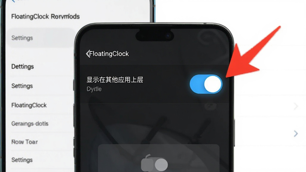悬浮时钟FloatingClock权限设置示意图,画面中手机屏幕上显示着“显示在其他应用上层”的权限开关界面,旁边有一个红色的箭头指向开关,背景是手机的设置菜单,布局清晰,风格简洁,细节上开关按钮高亮显示,画质干净无多余元素。