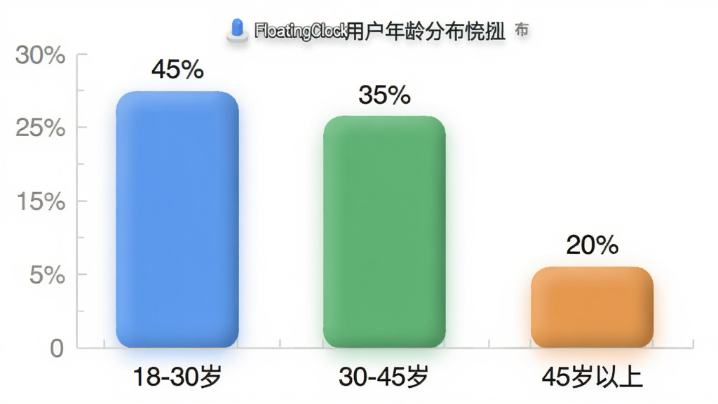 悬浮时钟FloatingClock用户年龄分布柱状图,画面中是一个简洁的柱状图,横轴标注“18-30岁”“30-45岁”“45岁以上”,纵轴标注百分比,柱体颜色分别为蓝色、绿色、橙色,柱子上方标有具体数值“45%”“35%”“20%”,背景干净,风格现代数据可视化,细节上柱体圆角,画质清晰无多余元素。