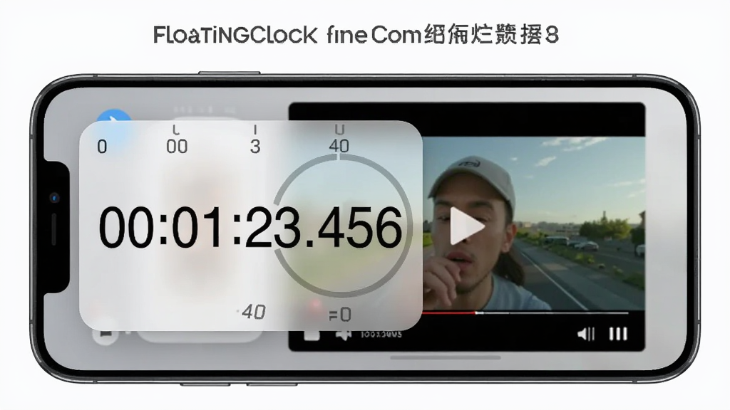 悬浮时钟FloatingClock功能展示图,画面中一部手机横屏显示,屏幕左侧是一个半透明的悬浮秒表窗口,显示着“00:01:23.456”,右侧是手机正在播放视频的画面,悬浮窗浮在视频上方,布局清晰展示多任务场景,风格写实,细节上秒表数字清晰锐利,画质干净无多余元素。
