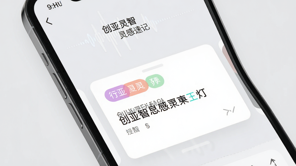 创亚灵智 灵感速记界面 手机屏幕显示语音输入波纹和文字便签卡片 卡片上有彩色标签分类 背景浅灰色 风格清爽 画质干净 无多余元素