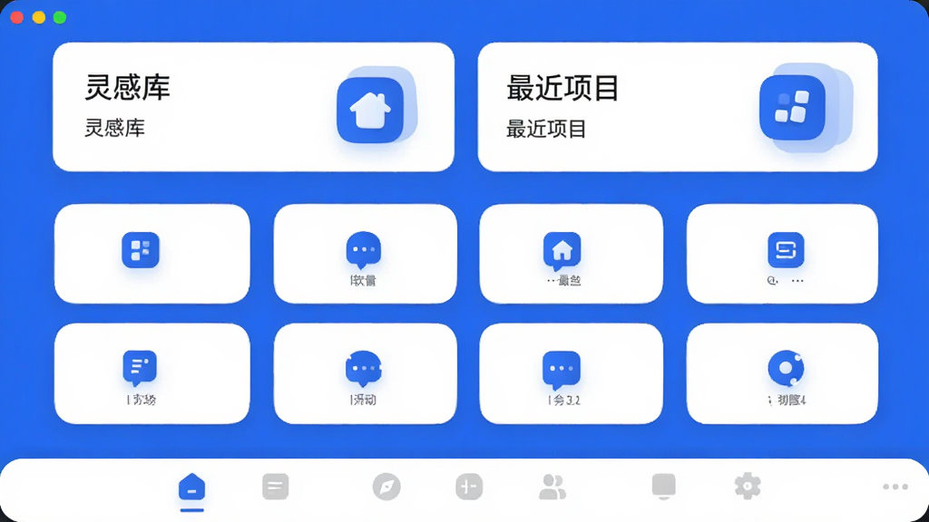 创亚灵智 软件主界面 简洁蓝白配色 顶部显示灵感库和最近项目卡片 中间是功能快捷入口网格 底部导航栏 风格现代扁平 图标圆润 画质干净 无多余元素