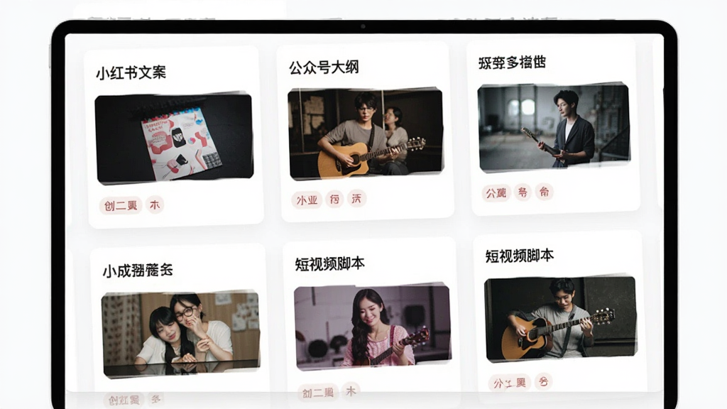 创亚灵智 创作模板选择页 屏幕上排列着图文卡片 卡片标题有小红书文案 公众号大纲 短视频脚本 卡片有缩略图和标签 背景白色 风格简约 画质干净 无多余元素