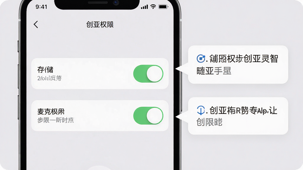 创亚灵智 手机设置权限界面 显示存储和麦克风权限开关 旁边有提示文字气泡 背景浅灰色 风格清晰 画质干净 无多余元素