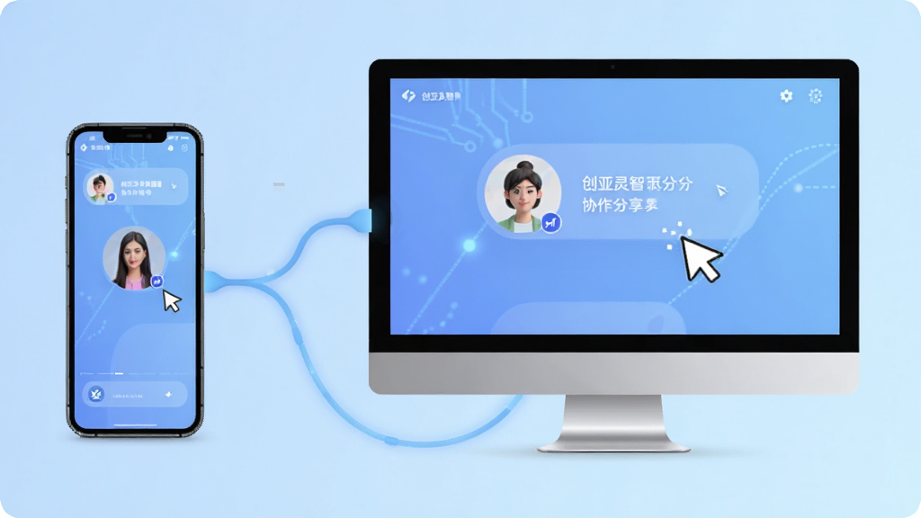 创亚灵智 协作分享界面 手机和电脑屏幕互联示意图 屏幕上有头像和编辑光标 连接线柔和 背景渐变浅蓝色 风格科技感 画质干净 无多余元素