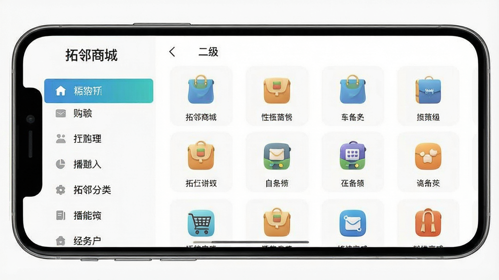 一张展示手机购物应用分类页面的图片,主体是“拓邻商城”App的商品分类界面,布局为左侧一级分类导航栏和右侧二级分类图标详情网格,排版清晰,风格简洁明快,细节上分类图标精致、文字标签清楚,画质高清干净,无多余元素