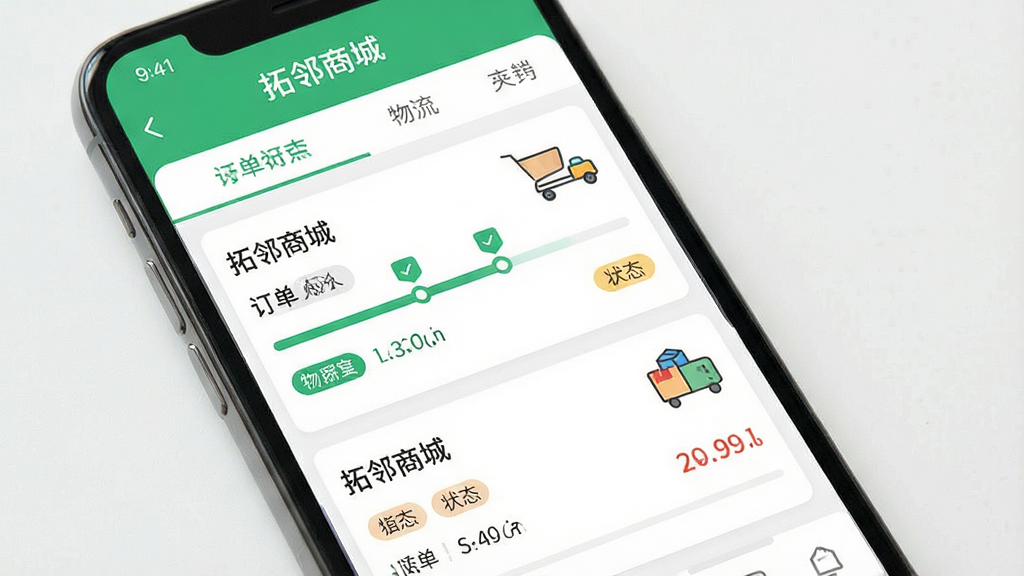 一张展示手机购物应用订单页面的图片,主体是“拓邻商城”App的订单列表与物流跟踪界面,布局为顶部状态选项卡和下方订单卡片列表,排版规整,风格扁平清爽,细节上物流进度条清晰、状态标签醒目,画质高清干净,无多余元素