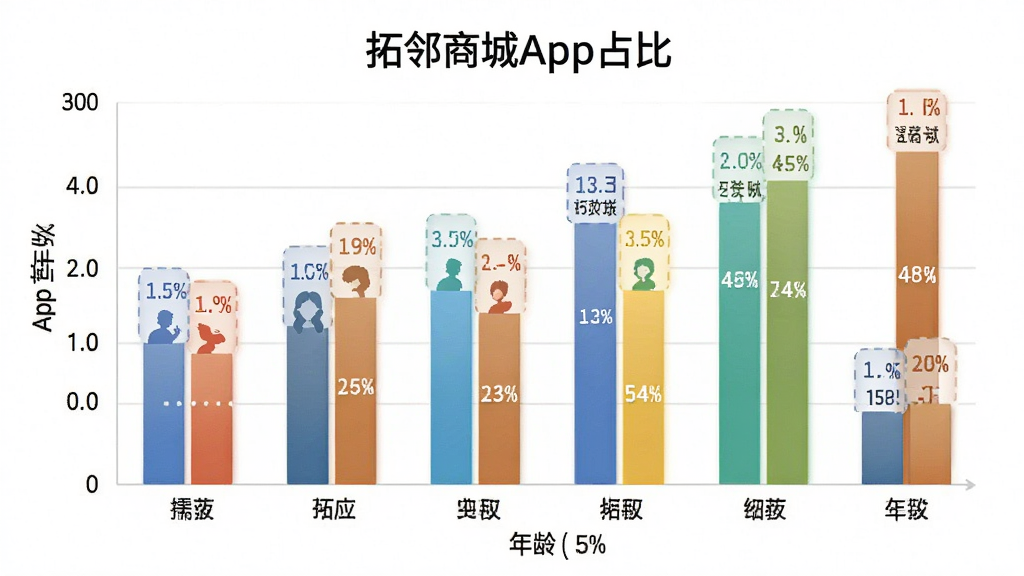 一张展示不同年龄段用户使用“拓邻商城”App占比的柱状图,主体是柱状图数据可视化,布局为横轴年龄段纵轴百分比,排版简洁明了,风格扁平信息图风格,细节上柱子颜色区分明显、数据标签清晰,画质高清干净,无多余元素