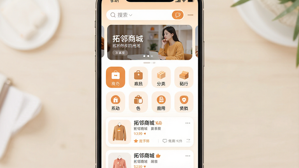 一张展示手机购物应用界面的图片,主体是“拓邻商城”App的首页全貌,布局为顶部搜索栏和轮播图,中间是商品分类图标网格,下方是商品信息流卡片,排版整齐有序,风格现代简洁扁平化,细节上图标圆润、配色以暖白和品牌色为主,画质高清干净,无多余元素