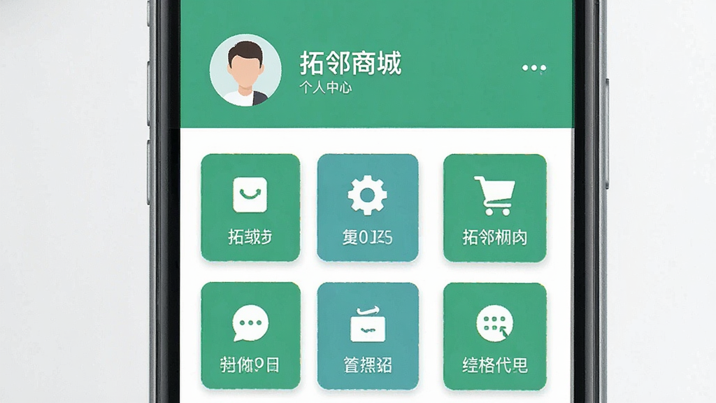 一张展示手机购物应用个人中心页面的图片,主体是“拓邻商城”App的个人中心界面,布局为顶部用户头像与昵称区域和下方功能图标网格,排版整齐,风格现代扁平,细节上图标统一、功能标签明确,画质高清干净,无多余元素