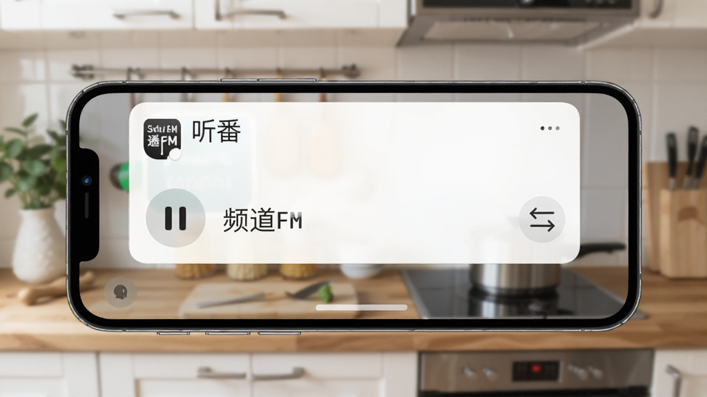 手机横屏展示通知栏下拉界面,通知栏卡片中显示“听番FM”正在播放广播,卡片上有播放暂停按钮、频道名称和切换图标,手机背景是厨房场景,画质清晰,风格生活化,布局简洁,无多余元素