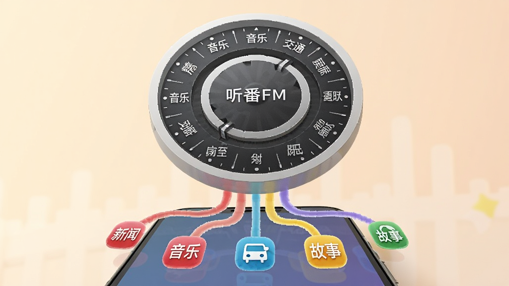 一个巨大的圆形收音机调频表盘悬浮在手机屏幕上方,表盘上标注着不同电台名称,手机下方延伸出多条彩色声波连接线,分别指向新闻、音乐、交通、故事等图标,背景是柔和的暖色调,整体构图均衡,风格简洁明快,画质干净,无多余元素,图片中文字“听番FM”清晰可见