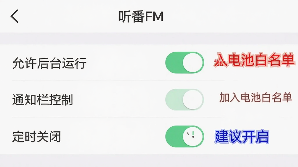 手机屏幕截图风格,展示“听番FM”的设置页面,页面中包含“允许后台运行”“通知栏控制”“定时关闭”等选项开关,旁边用红色标注“加入电池白名单”,用蓝色标注“建议开启”,整体布局清晰,风格扁平化,画质干净,无多余元素