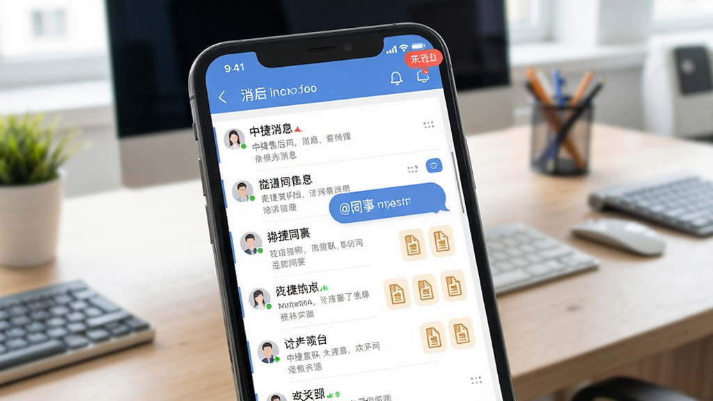中捷售后平台消息通知与协同界面,画面中手机屏幕显示消息列表和工单讨论区,有@同事的对话气泡和附件图标,顶部有未读消息角标,背景是办公桌面场景,风格清爽,画质清晰,文字可读,无多余元素