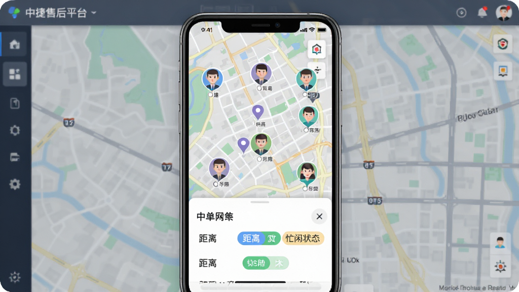 中捷售后平台服务网点调度界面,画面中手机屏幕显示地图模式,上面有多个服务网点标记和师傅头像图标,底部弹出派单面板,包含距离和忙闲状态标签,背景是城市地图风格,画质干净,布局清晰,无多余装饰