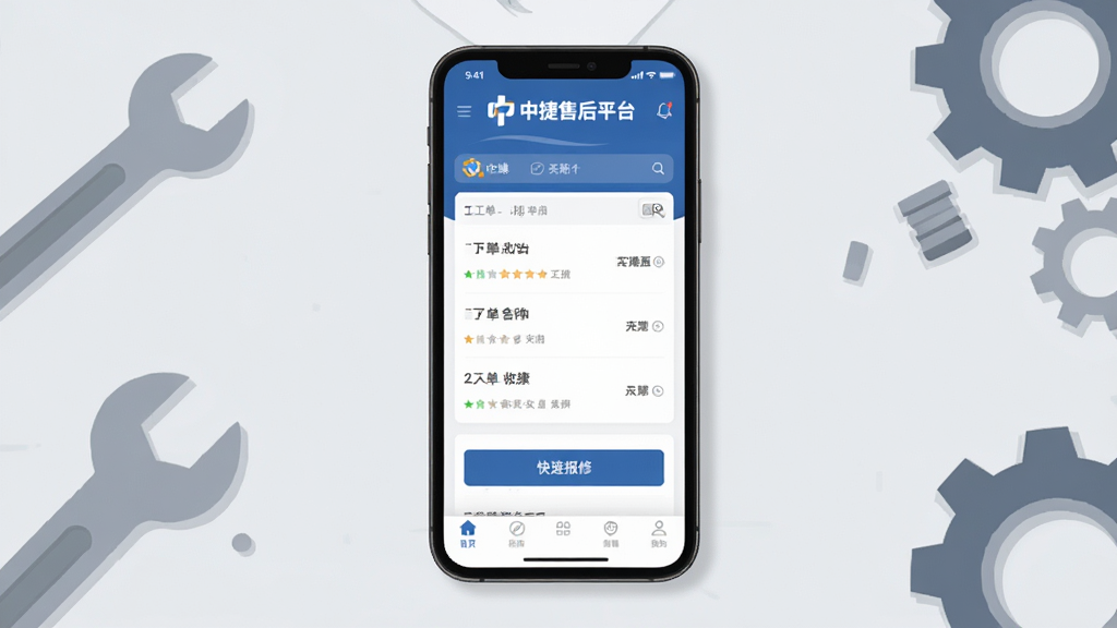 中捷售后平台软件主界面全貌展示,画面中央是手机屏幕,屏幕上显示中捷售后平台APP的首页,顶部有品牌Logo和中捷售后平台字样,中间是工单列表和快捷报修按钮,底部是导航栏,背景是干净的浅灰色工作台场景,旁边点缀扳手和齿轮元素,风格现代扁平,画质干净清晰,无多余元素