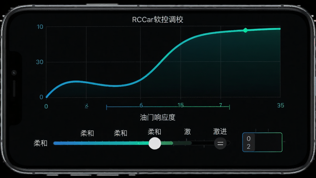 RCCar软件操控调校界面截图,手机竖屏显示,深色背景,屏幕上方是转向灵敏度曲线图,一条平滑的S形曲线,下方是油门响应滑块,从柔和到激进分为五档,旁边有微调数值输入框,界面风格简洁科技感,蓝绿色高亮线条,文字标签清晰,画质干净无多余元素