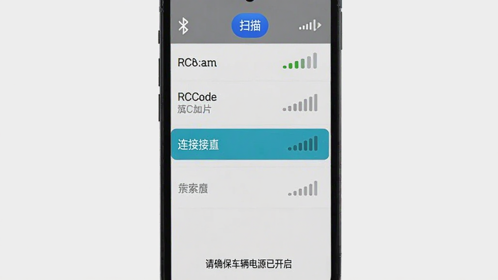 RCCar软件在手机上的蓝牙设备扫描界面截图,竖屏显示,顶部是蓝牙图标和扫描按钮,下方列表显示搜索到的设备名称和信号强度条,其中一个设备高亮显示已连接,界面底部有提示文字“请确保车辆电源已开启”,背景浅灰色,风格简洁干净,无多余元素