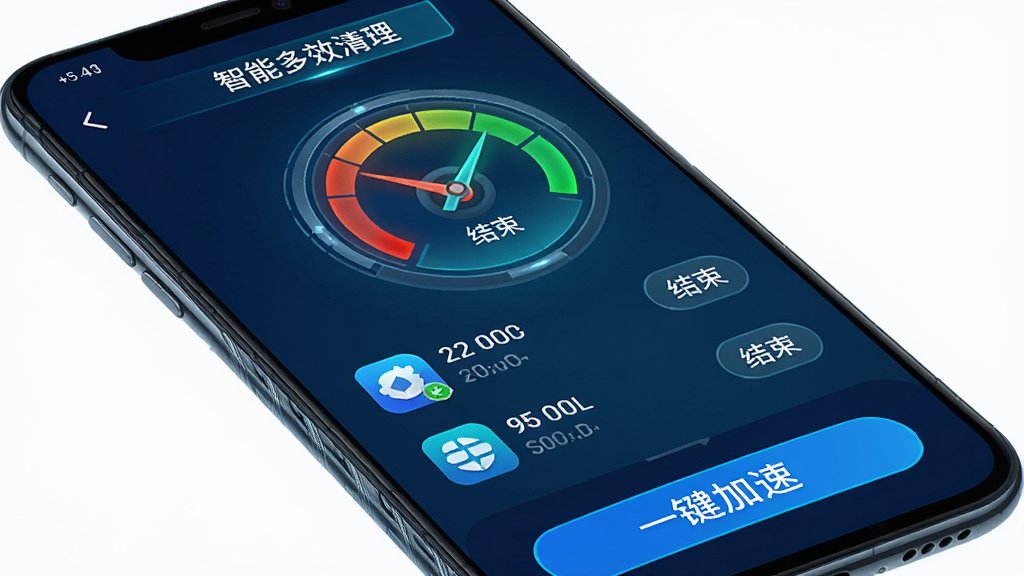 手机屏幕显示“智能多效清理”的内存加速界面,界面中央有一个圆形的内存占用仪表盘,指针从红色区域转向绿色区域,仪表盘下方列出正在后台运行的应用图标和占用内存大小,每个应用右侧有“结束”按钮,界面底部有“一键加速”的蓝色按钮,整体风格科技感十足,配色以深蓝和青色为主,画质清晰锐利,无多余元素