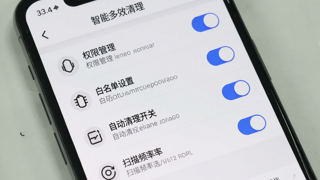 手机屏幕显示“智能多效清理”的设置页面,页面中有权限管理、白名单设置、自动清理开关、扫描频率选择等选项,每个选项旁边有简洁的图标和说明文字,界面以白色和浅灰色为主,开关按钮为蓝色,整体布局整齐清晰,风格简约实用,画质干净无多余元素