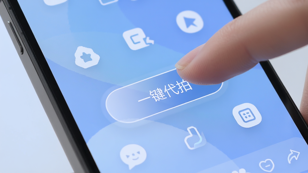 一张手机屏幕特写,画面中一只手正在点击闪映代拍App上的“一键代拍”按钮,背景是柔和的渐变蓝色,按钮高亮显示,周围有简洁的图标装饰,风格干净清爽,画质细腻
