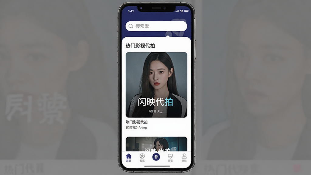 一张手机应用界面截图,画面中央是闪映代拍App的首页,顶部有搜索栏,中间展示热门影视代拍选项,底部是导航栏,整体配色以深蓝和白色为主,风格简洁现代,画质清晰,无多余元素