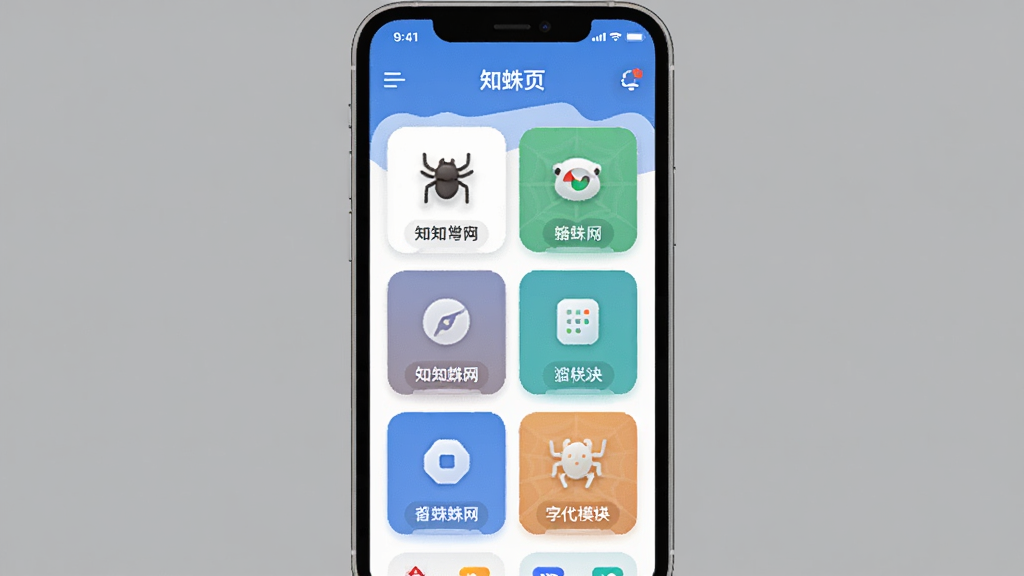 一张知蛛网App功能模块展示图,画面中手机屏幕显示知蛛网首页,屏幕上排列着多个功能卡片图标,每个卡片下方有文字标签,背景为纯色,整体风格扁平化,细节圆润,画质清晰,无杂乱元素