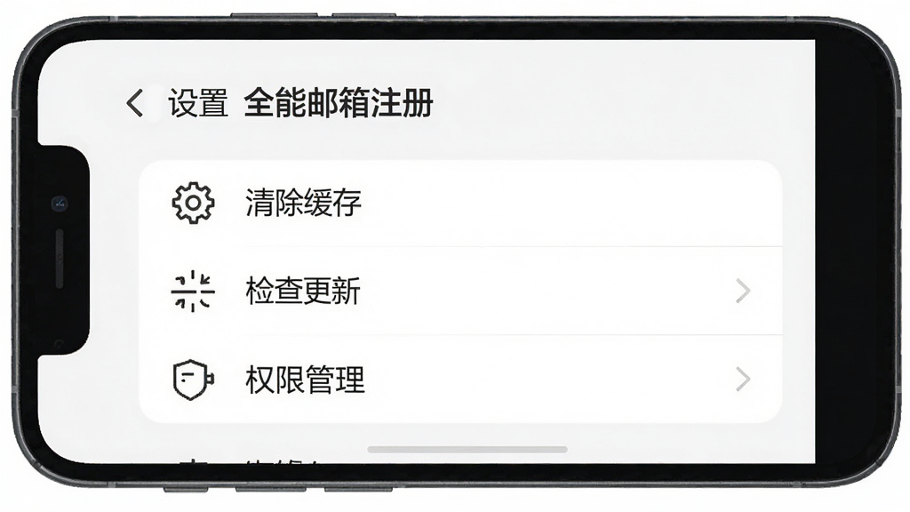 手机界面展示「全能邮箱注册」App的设置页面,包含「清除缓存」「检查更新」「权限管理」等选项,界面以白色为底,文字为深灰色,图标为线性风格,整体布局简洁清晰,画质干净无多余元素