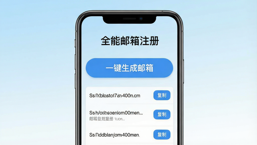 一张手机应用界面截图,画面中央是「全能邮箱注册」App的主界面,顶部显示软件名称「全能邮箱注册」,中间是一个醒目的「一键生成邮箱」按钮,下方有邮箱地址列表和复制按钮,背景为浅蓝色到白色的渐变,界面简洁干净,风格现代扁平化,文字清晰锐利,画质高清无多余元素