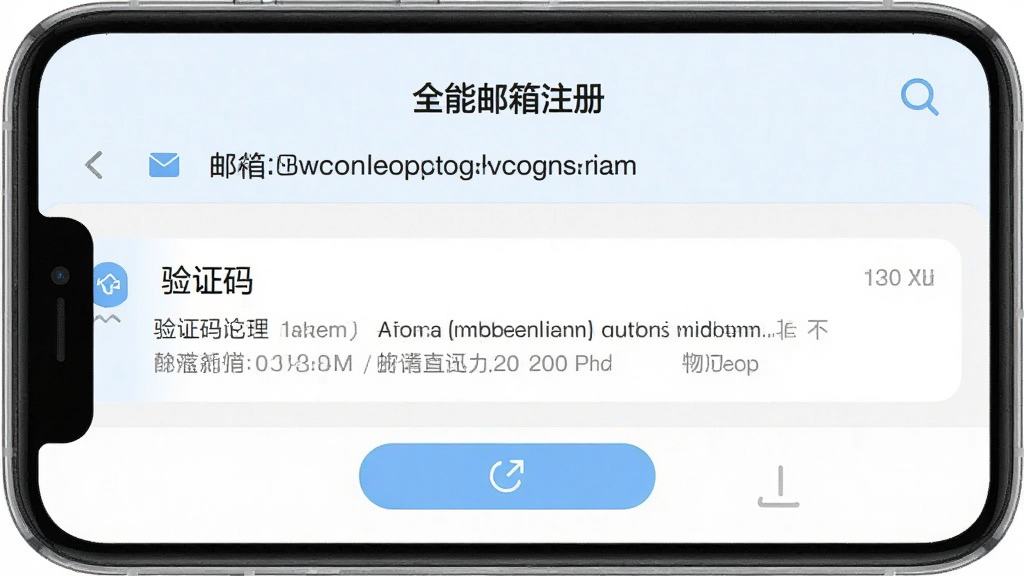 手机界面展示「全能邮箱注册」App的收件箱页面,顶部显示邮箱地址,中间是一条来自「验证码」的未读邮件,右侧显示时间,底部有刷新按钮,界面以白色和浅蓝色为主,布局清晰,文字标签明确,风格简洁现代,画质高清干净无多余元素