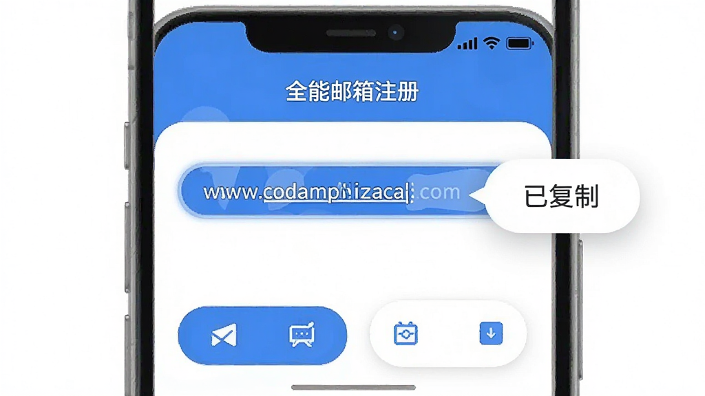 手机屏幕截图,「全能邮箱注册」App界面中一个邮箱地址被高亮选中,旁边弹出「已复制」提示气泡,底部有多个功能按钮,整体配色以蓝白为主,界面元素圆润,风格现代扁平,画质清晰无多余元素