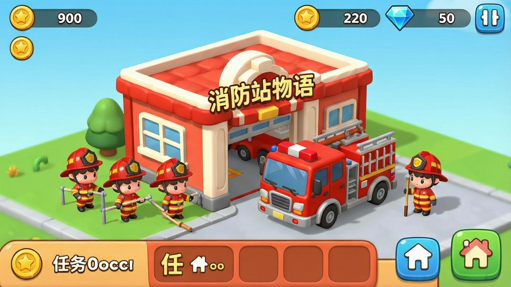 一张手机游戏界面截图,画面中央是一座卡通风格的消防站建筑,红色与白色为主色调,消防站门口停着一辆红色消防车,几名穿着消防服的Q版消防员正在训练,画面顶部显示金币和钻石数量,底部有任务栏和建造按钮,整体风格明亮可爱,画质干净清晰,无多余元素,图片中带有“消防站物语”文字标识