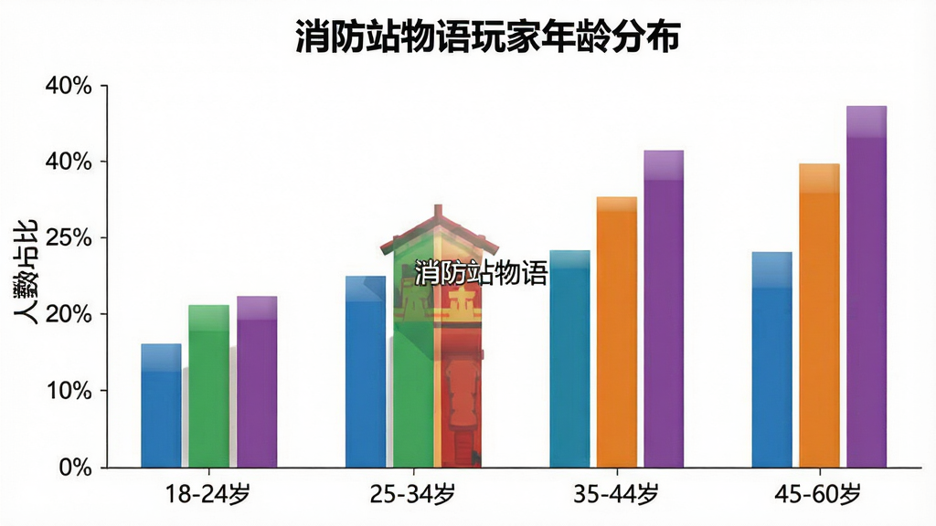 消防站物语用户年龄分布柱状图,横轴标注“18-24岁”“25-34岁”“35-44岁”“45-60岁”四个年龄段,纵轴标注人数占比百分比,柱状图颜色分别为蓝色、绿色、橙色、紫色,图表标题为“消防站物语玩家年龄分布”,背景白色,风格简洁清晰,图片中带有“消防站物语”文字,画质干净,无多余元素