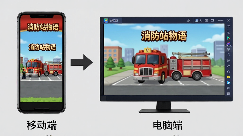 消防站物语手机端与电脑端操作对比示意图,左侧是手机竖屏显示游戏界面,右侧是电脑模拟器横屏显示同一游戏界面,中间用箭头连接,画面下方有文字标注“移动端”和“电脑端”,背景是浅灰色,风格简洁明了,图片中带有“消防站物语”文字,画质干净,无多余元素