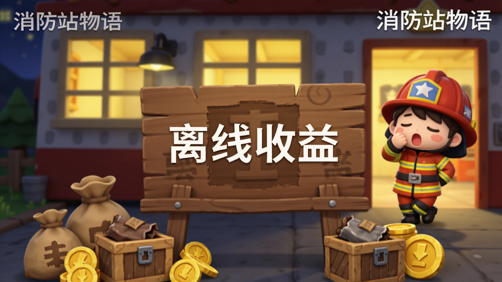 消防站物语离线收益结算界面,画面中央是一个木质告示牌,上面写着“离线收益”四个字,告示牌周围堆着金币袋和材料箱,背景是夜晚的消防站,窗户透出暖黄色灯光,一个Q版消防员靠在门边打哈欠,整体氛围轻松安逸,图片中带有“消防站物语”文字,画质干净,无多余元素