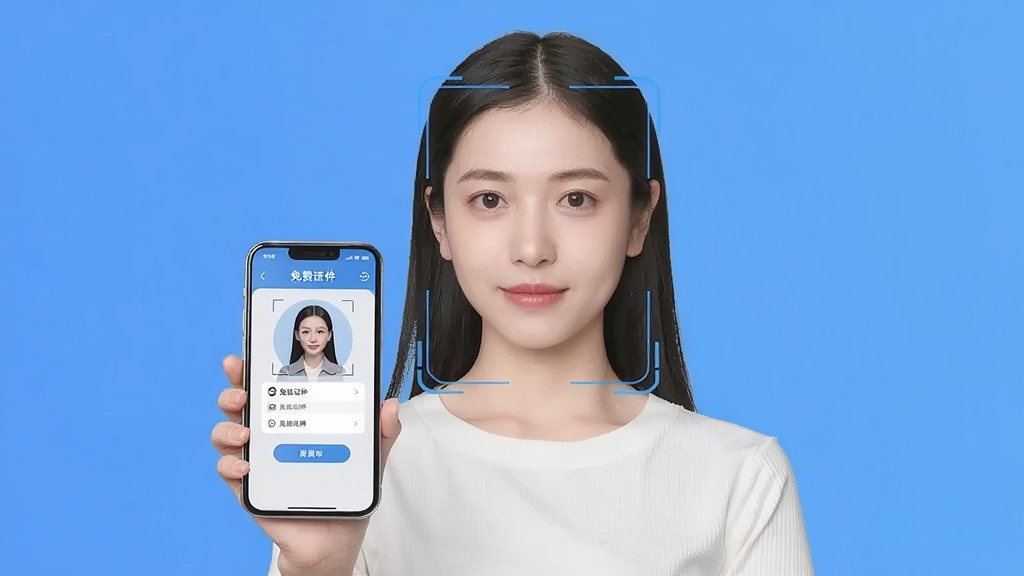 一位年轻女性站在纯色背景前,手机屏幕显示