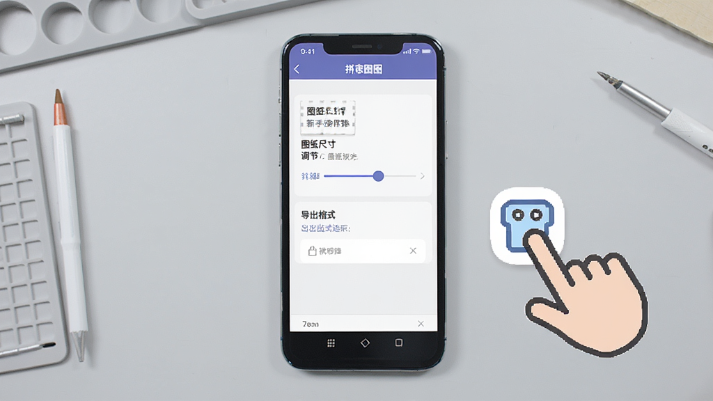 拼豆图图新手操作指引图片,画面展示手机屏幕中拼豆图图软件的设置界面,屏幕上显示图纸尺寸调节滑块和导出格式选项,旁边有手指点击的示意图标,背景是浅灰色工作台,整体风格简洁直观,画质清晰干净无多余元素