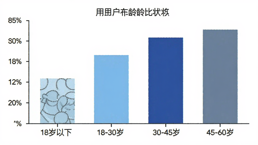 拼豆图图用户年龄分布柱状图,画面展示一个清晰的柱状图表,横轴是年龄段分为18岁以下、18-30岁、30-45岁、45-60岁,纵轴是用户占比百分比,柱体颜色分别为浅蓝、天蓝、深蓝、灰蓝,图表风格简洁现代,背景白色,画质清晰干净无多余元素