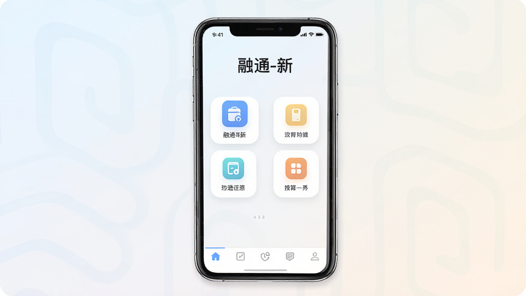 一张手机应用界面展示图,画面中央是手机屏幕,屏幕内显示“融通-新”应用的主页,页面顶部有“融通-新”的文字标识,中间是简洁的功能入口图标,底部是导航栏,整体布局干净清爽,背景是浅色渐变,风格现代扁平化,细节圆润,画质清晰,无多余元素