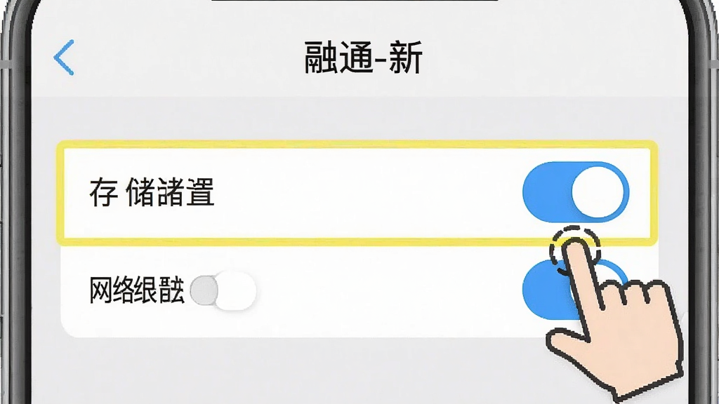 一张手机屏幕截图风格的示意图,画面显示“融通-新”的应用权限设置页面,高亮标注了存储权限和网络权限的开关,旁边有手指点击的图标,背景是手机设置界面的浅灰色,风格简洁直观,画质清晰,无多余元素