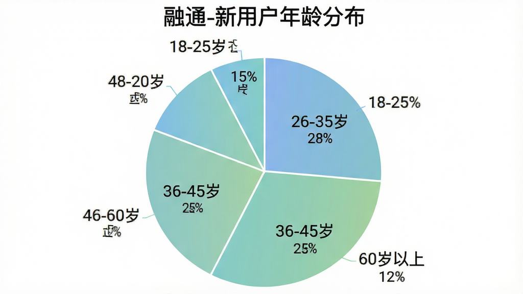 一张饼状图,标题为“融通-新用户年龄分布”,图表分为五个扇区,分别标注“18-25岁 15%”、“26-35岁 28%”、“36-45岁 25%”、“46-60岁 20%”、“60岁以上 12%”,配色为柔和的蓝绿渐变,背景干净,图表清晰易读,无多余元素