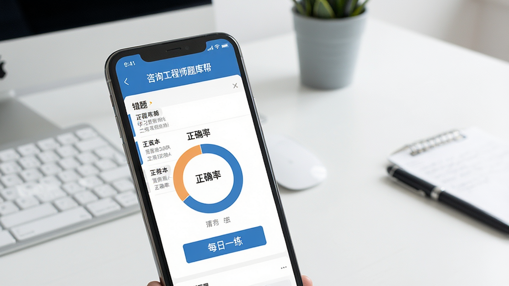 一张展示“咨询工程师题库帮”错题本与学习数据统计页面的图片,画面中手机屏幕显示着错题列表和正确率环形图,旁边有“每日一练”按钮,背景是简洁的办公桌,风格干净利落,文字清晰,画质干净,无多余元素
