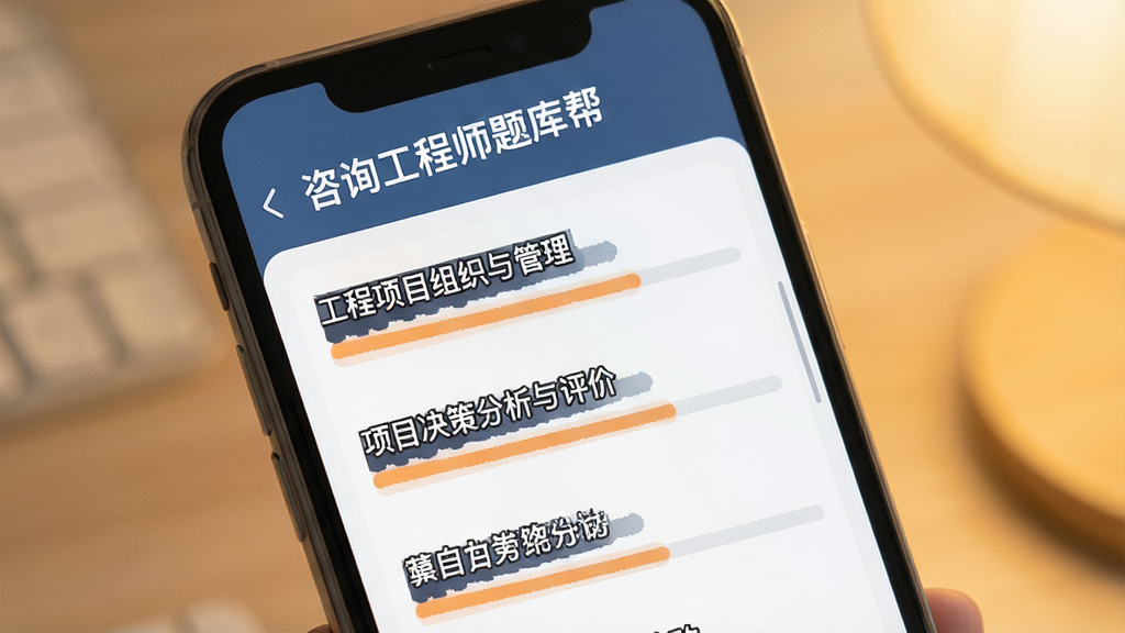 一张展示“咨询工程师题库帮”章节练习界面的图片,画面中手机屏幕上清晰排列着“工程项目组织与管理”、“项目决策分析与评价”等章节名称,旁边有进度条,背景是柔和的暖色调,风格简约现代,文字清晰,画质干净,无多余元素